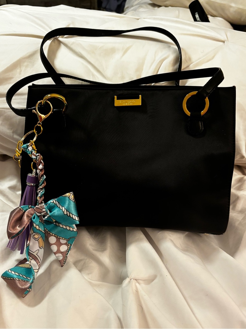 kate spade Black Shoulder Bag with Gold Hardware and Scarf Charm